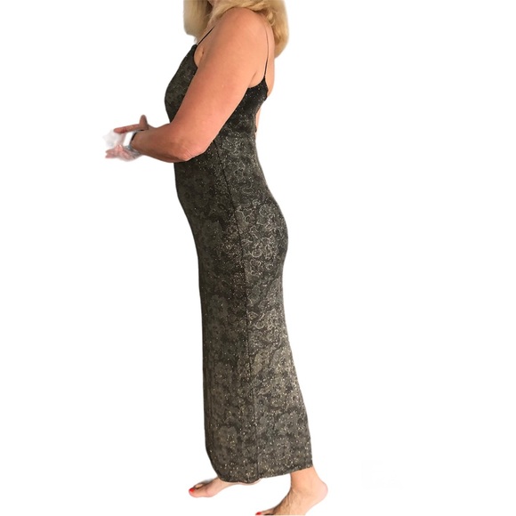 Laura black with muted print & gold sparkles evening gown skinny straps size 6 p - Picture 3 of 6